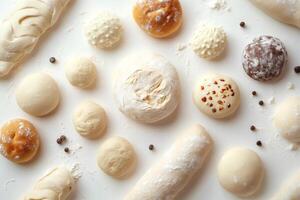 Baker kneading dough and preparing bread, top view of variety of bread dough photo