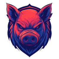 Fierce pig head illustration with glowing red and blue colors on transparent background png