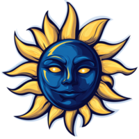 Celestial sun face fusion a captivating abstract design with luminous eyes on transparent background png