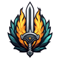 Fiery sword emblem with teal wings on transparent background a high resolution gaming logo design png