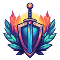Stylized sword and shield emblem with flame and laurel accents for gaming or fantasy on transparent background png