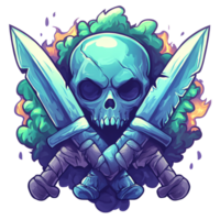 Stylized skull with crossed swords and foliage on transparent background clip art png