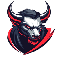 Fierce red bull mascot head with menacing eyes and sharp horns on transparent background png