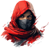 Mysterious woman in red hood and grey mask on transparent background png