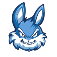 Cartoon blue rabbit head with menacing grin on transparent background isolated illustration png