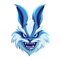 Angry blue rabbit cartoon face with sharp teeth on transparent background illustration png
