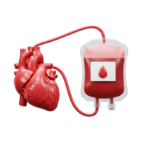 A blood bag with a red drop symbol is connected to a heart, visually representing blood transfusion png
