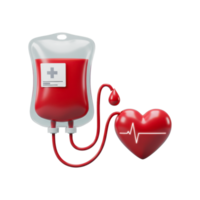 Red liquid in a transparent bag, linked to a heart with a pulse, blood donation isolated background png