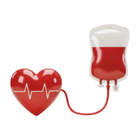 Conceptual illustration of blood donation process, showing a heart linked to a blood collection bag via a red, curving tube isolated background png