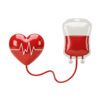 A stylized heart with an EKG line is connected by a red tube to a blood bag partially filled with red liquid isolated background png