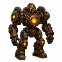 Intricate Mechanical Golem Creation with Fiery Core Craftsmanship png