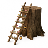 Rustic Ladder with Flowers and Lanterns on Tree Stump in Fantasy Setting png