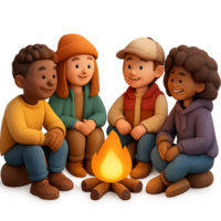 Colorful 3D Characters Gathered Around a Campfire in a Cozy Setting png