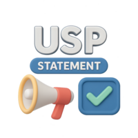 3D Representation of USP Statement with Megaphone and Checkmark Icon png