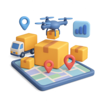 3D Logistic Design with Delivery Truck and Drone in Simple Layout png