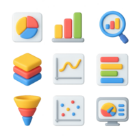 Simple 3D Data Icon Set with Graphs and Charts for Visual Projects png