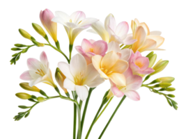 Beautiful freesia flowers in soft pastel colors create stunning bouquet that brings joy and elegance to any setting png