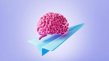 Human brain on the paper plane. Learn and innovate concepts, 3d rendering. video