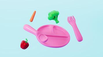 Cartoon baby complementary food tableware, 3d rendering. video