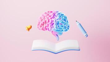 Human brain and books, Learn and innovate concepts, 3d rendering. video