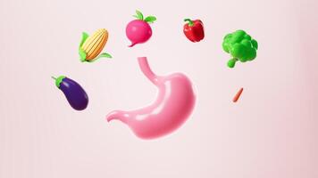 Human stomach organs and various vegetable backgrounds, The concept of healthy diet and digestive system, 3d rendering. video
