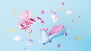 Baby toy car model, Baby walkers, Bobby car, Baby stroller, feeding bottle and so on, 3d rendering. video
