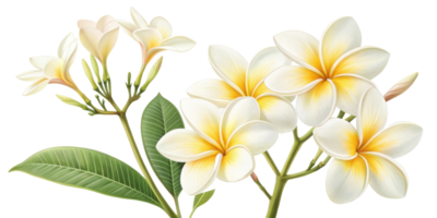 Plumeria flowers bloom beautifully with delicate petals and vibrant colors, creating serene and joyful atmosphere png