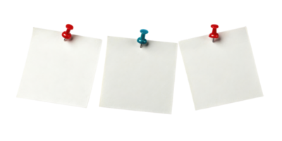 Three blank sticky notes pinned with colorful pushpins create vibrant display for reminders and ideas png