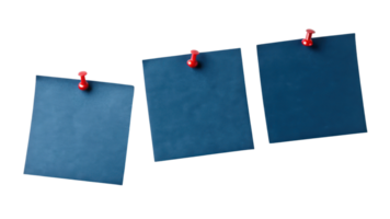Three blue sticky notes pinned to surface create organized and vibrant display perfect for reminders and ideas png