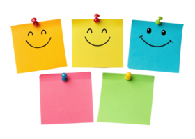 Bright sticky notes in various colors are pinned with cheerful smiley faces, adding fun touch to any workspace png