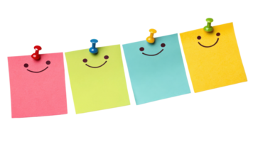 Colorful sticky notes pinned with cheerful smiley faces create vibrant and uplifting atmosphere perfect for reminders and inspiration png