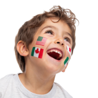 Joyful child with face paint representing flags of different countries celebrates spirit of unity and sportsmanship during 2026 world cup png