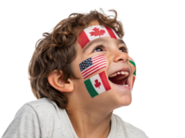 Joyful child with face paint representing flags of Canada, USA, and Mexico celebrates 2026 World Cup with excitement and pride png