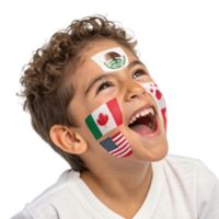 Joyful child with face paint representing various countries, celebrating unity and diversity in 2026 World Cup png