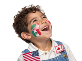 Joyful child with painted flags on his face celebrates unity and diversity, embodying spirit of 2026 World Cup png