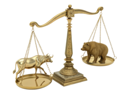Balance between bull and bear symbolizes market fluctuations, showcasing dynamic nature of trading and investment png