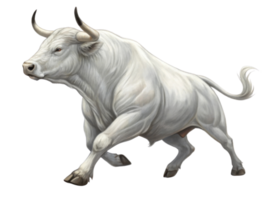 Powerful white bull stands confidently, embodying strength and vitality in vibrant market setting png