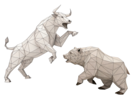 Dynamic interaction between bull and bear symbolizes contrasting forces in market, showcasing tension between growth and decline png