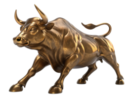 Stunning bronze bull sculpture symbolizes strength and resilience thriving market. This artwork captures essence of prosperity and determination png