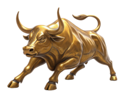 Striking golden bull symbolizes strength and prosperity in vibrant market. This powerful figure represents financial growth and optimism png