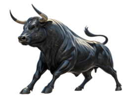 Powerful black bull stands confidently in dynamic pose, symbolizing strength and vitality in vibrant market environment png