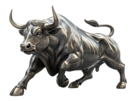 Powerful bull statue symbolizes strength and resilience thriving market environment. This striking piece captures essence of determination png