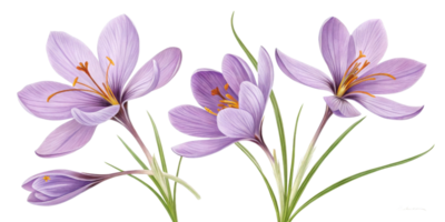 Saffron flowers bloom beautifully with delicate purple petals and vibrant orange stamens, creating stunning visual display of nature artistry png