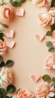 A wooden frame with pink roses and hearts surrounding it photo