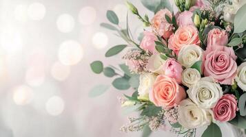 Delicate bouquet of roses and greenery illuminated by soft bokeh light at a romantic event in springtime photo