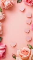 A pink background with a bunch of roses and hearts photo