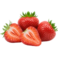 Fresh ripe strawberries and sliced halves arranged in a pile, showcasing vibrant red color, juicy texture, and green leafy tops png