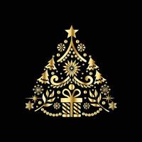 christmas tree with gold ornament on black background. vector