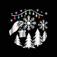 a black background with a snowflake, trees, and a hand holding a gift vector