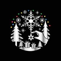 a black background with a snowflake and trees. vector